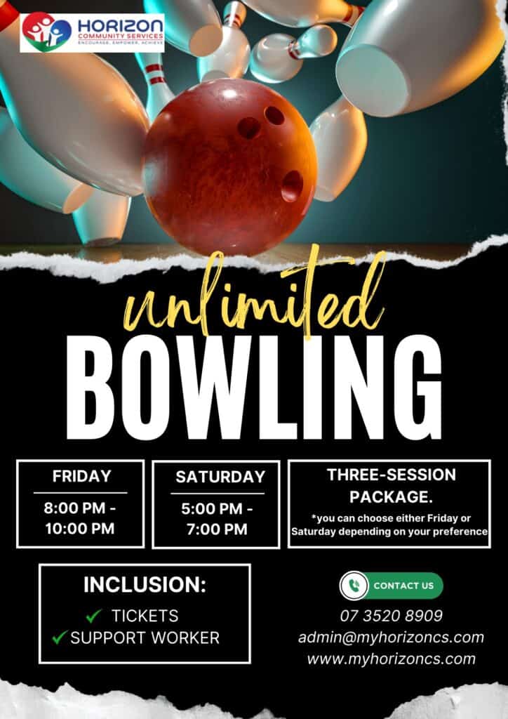 Bowling event poster with bowling ball and pins for Horizon Community Services.